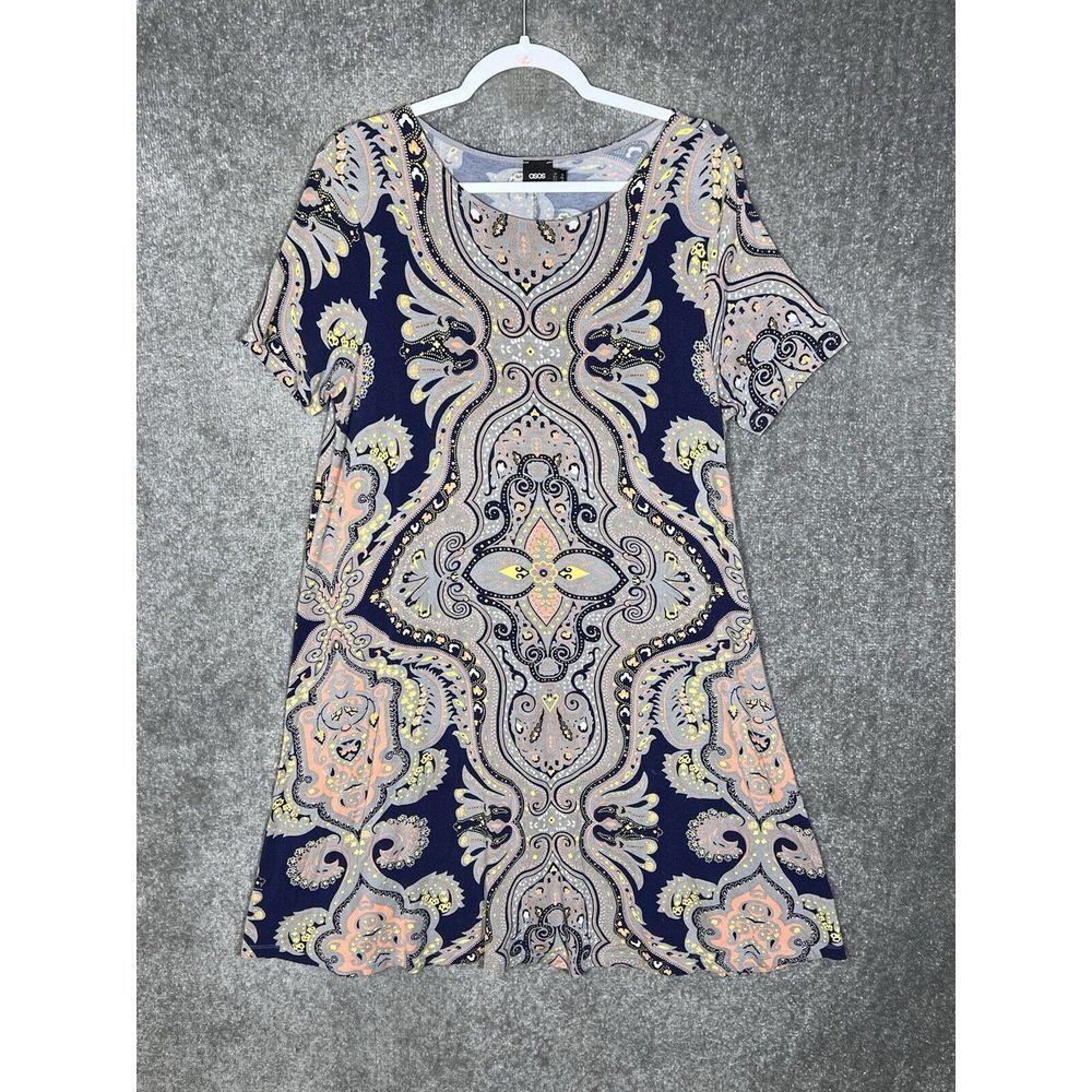 ASOS Dress Womens Size 14 Gray Blue Peach Yellow Paisley‎ Stretch Short Sleeve